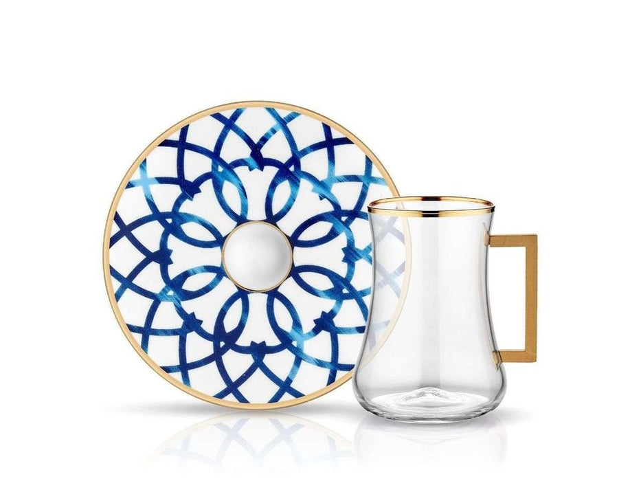 Dervish with Handle Blue Blanc Bianca Tea Glass and Saucer