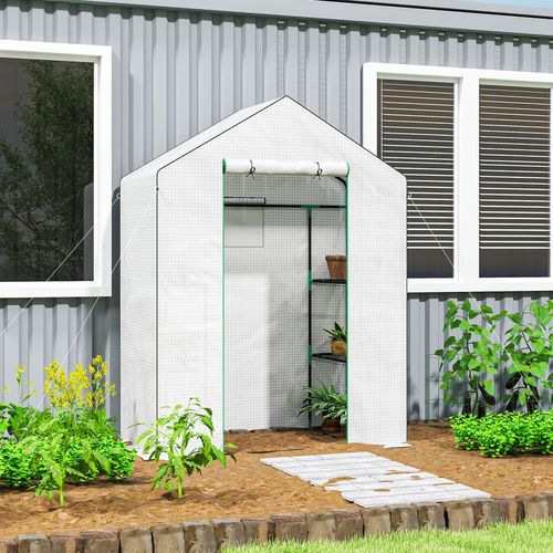 Outsunny Walk-in Greenhouse with 4 Shelves, Outdoor Small Greenhouse, White