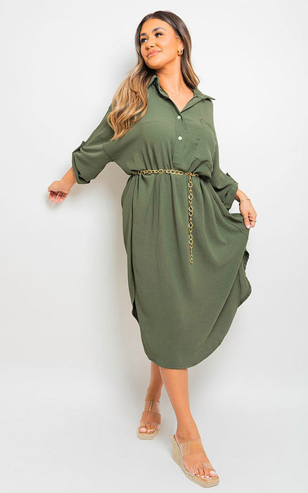 Stunning Rosie Button Down Midi Dress with Pull-Up Sleeves!