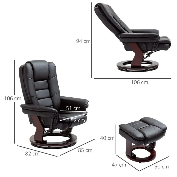 Swivel Manual Recliner and Footrest Set PU Lounge Chair Wood Base, Black