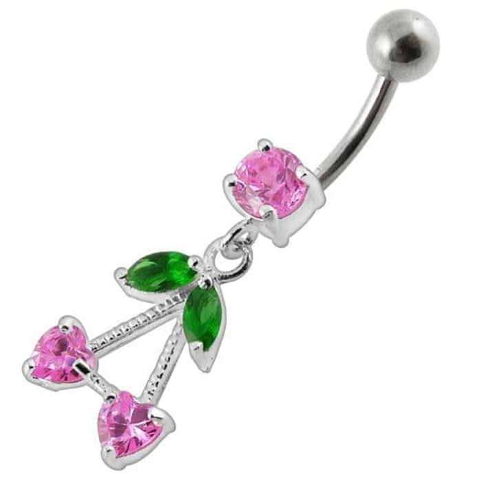 Fancy Jeweled Double Heart Stone Dangling SS Bar Belly Ring Body Jewelry