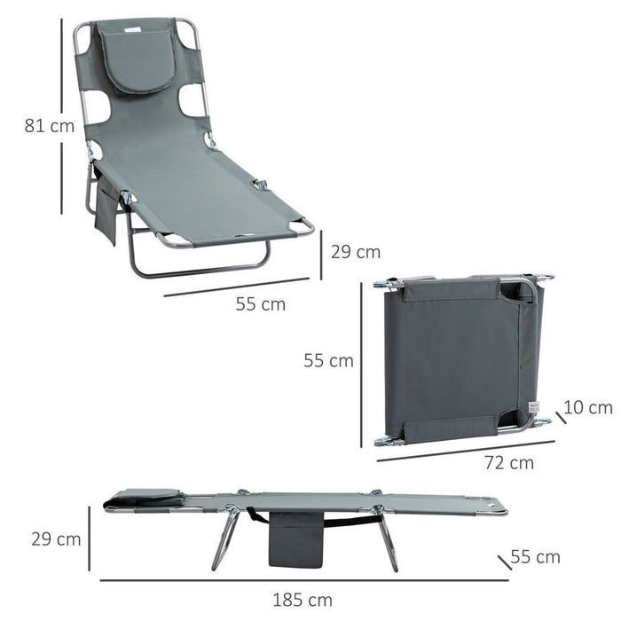 Outsunny Portable Adjustable Beach Chaise Lounge with Face Cavity - Grey