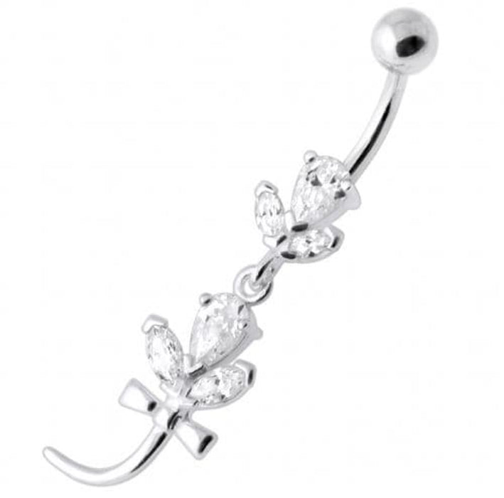 Tri Gems with tail Dangling Silver Belly Ring