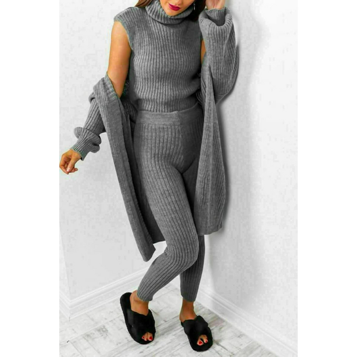 Ladies 3 Piece Suit Roll Neck Chunky Knitted Ribbed Tracksuit Lounge Set