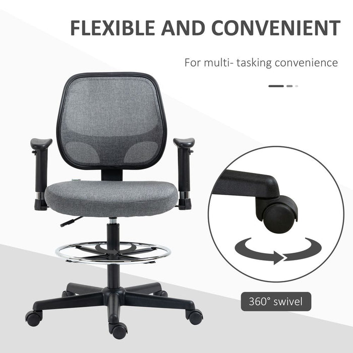 Vinsetto Swivel Office Draughtsman Chair,Ergonomic Painting Chair, Fabric Standing Desk Chair with Adjustable Armrest and Seat Height, Grey