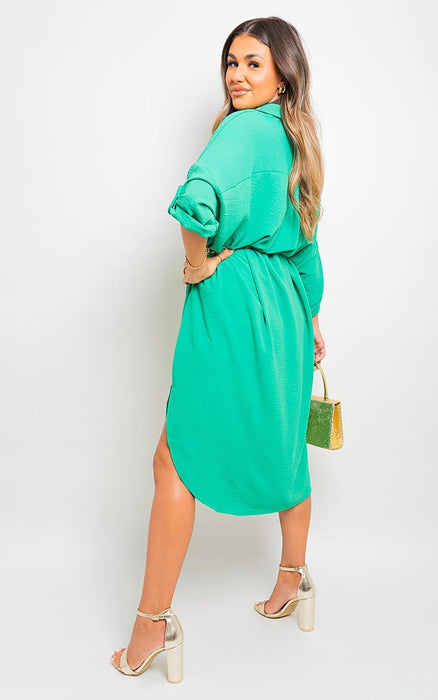 Stunning Rosie Button Down Midi Dress with Pull-Up Sleeves!