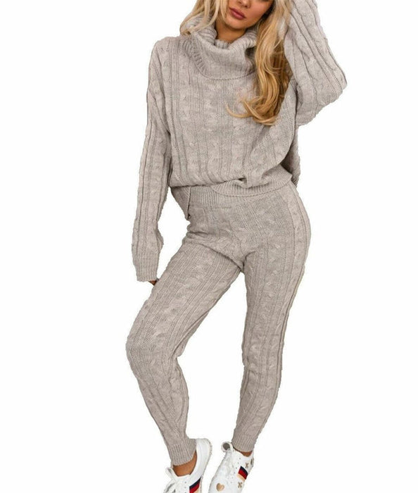 Ladies Chunky Knitted Ribbed Polo High Neck Top Leggings Loungewear Suit Set