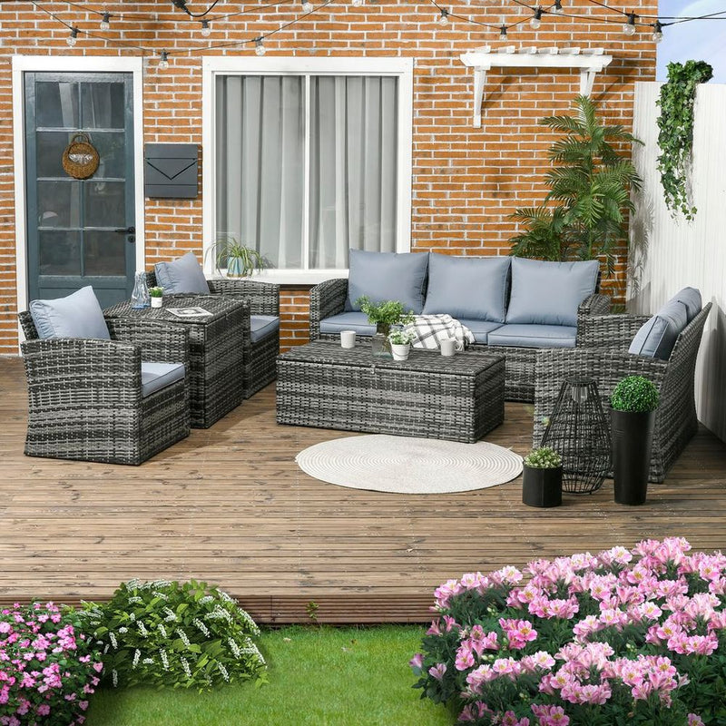 Outsunny 6 PCS Patio Rattan Sofa Set - Grey, with Storage - High Quality Outdoor Furniture