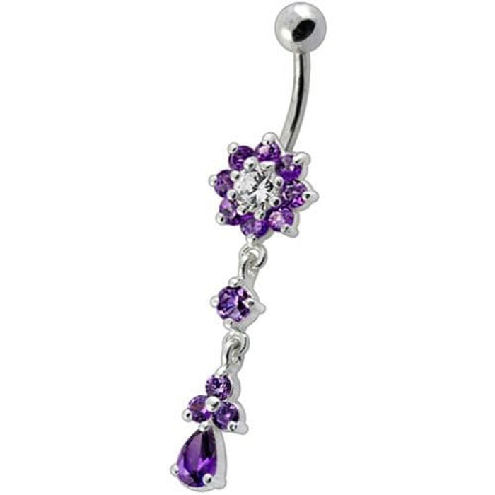 Fancy Jeweled Flower Dangling Curved Bar Belly Ring