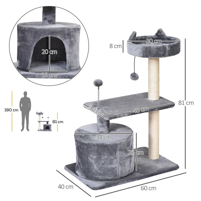 PawHut Mult-level Cat Tree Scratch Post Scratcher Climbing Tower Kitty Activity Center Condo Perch Jumping Platforms Grey 61L x 41W x 81H cm