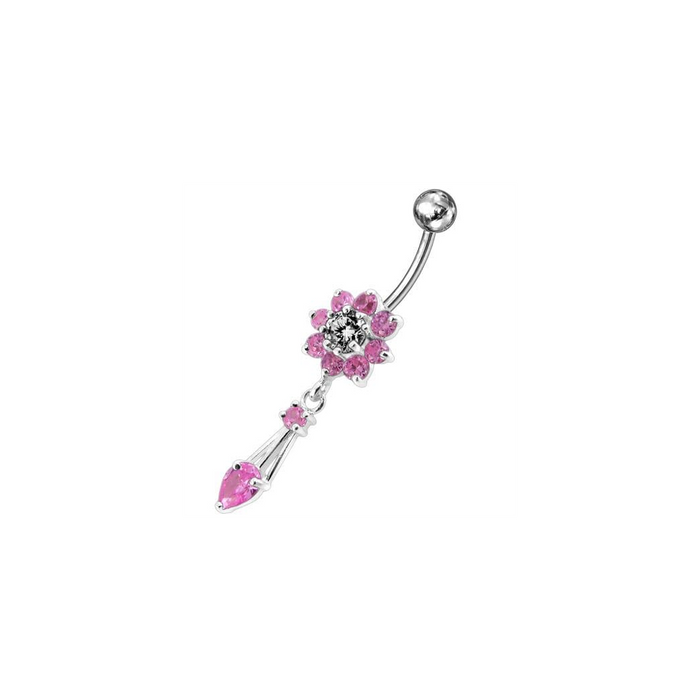 Jeweled Fancy Flower Dangling SS Banana Bar Navel Ring