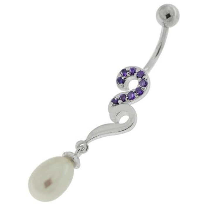 Pearl Jeweled Fancy Silver Dangling Banana Bar Navel Belly Ring