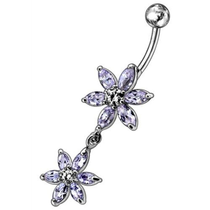 Silver Jeweled Flower Dangling SS Curved Belly Ring