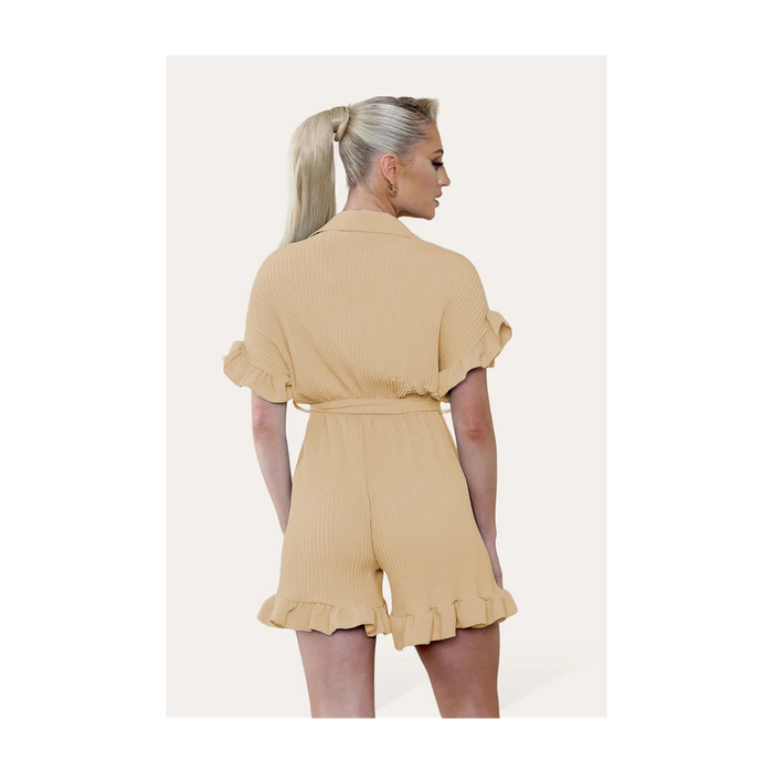 Pleated Ruffle Shirt Short Playsuit With Frill Hems