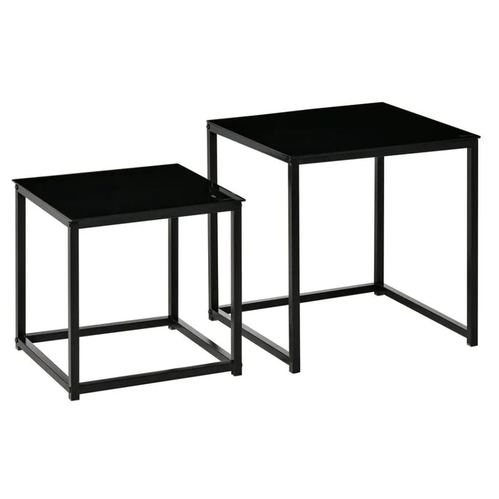 Nest of 2 Side Tables Set of Bedside Tables w/ Tempered Glass Desktop Black