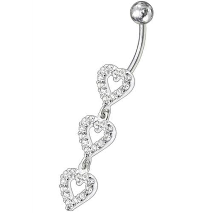 Triple Heart Dangling Fancy Multi Jeweled Curved Bar Belly Ring