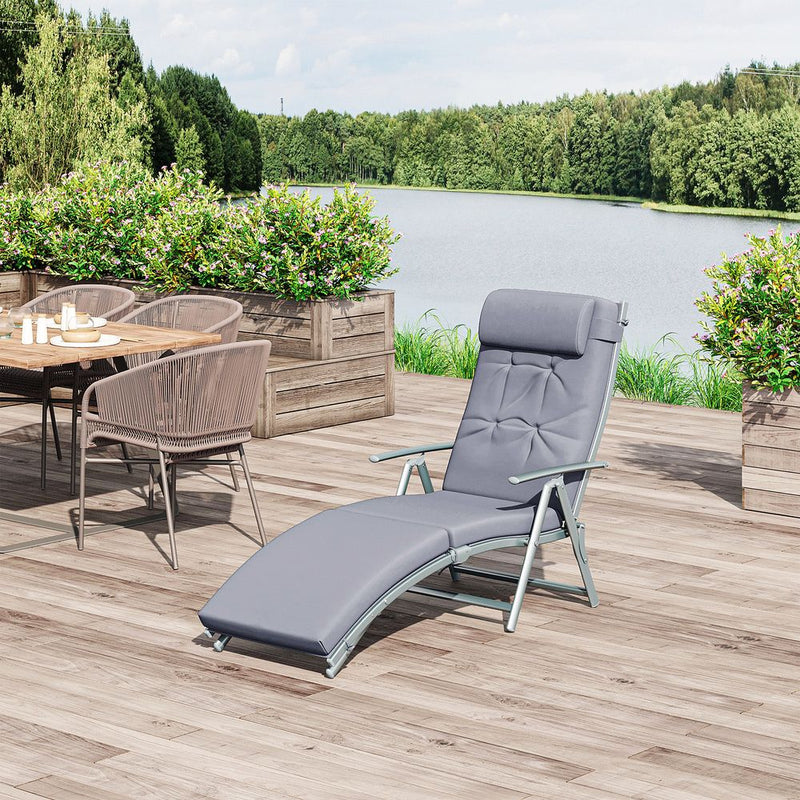 Premium Steel Frame Outdoor Garden Lounger: Reclining, Padded & Comfy w/ Pillow. Gray. High-Quality.