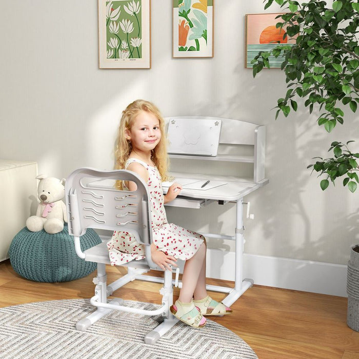 ZONEKIZ Height Adjustable Kids Desk and Chair Set, with Drawer, Bookshelf, Grey