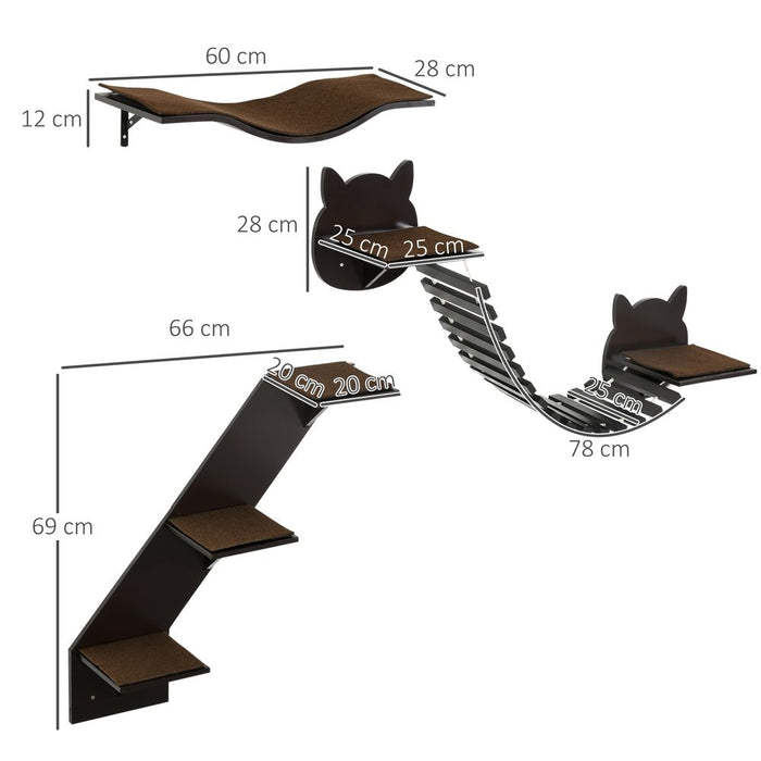 Three-Piece Wall-Mounted Cat Shelves w/ Jumping Platforms, Ladders - Brown