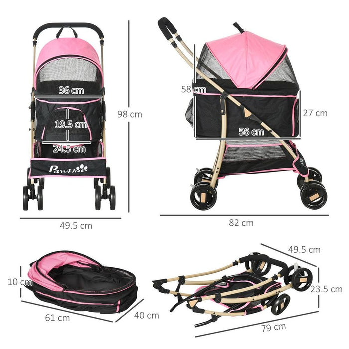 PawHut 3 In 1 Pet Stroller, Detachable Dog Cat Travel Carriage - Pink