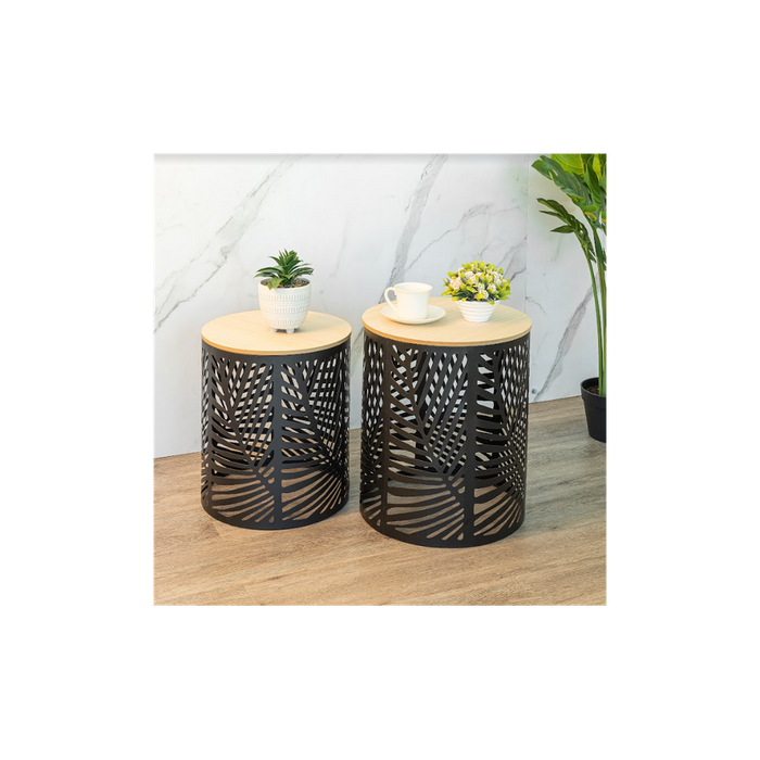 Premium Leaf Cut Basket Table Set - SLENDER - 2-Pack | Professional Quality | Iron + MDF | Classic Black