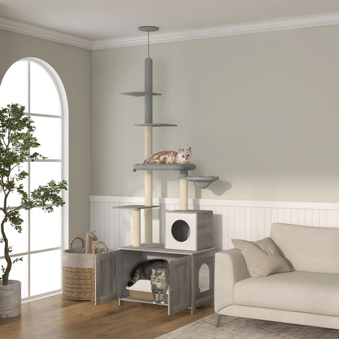 PawHut 2-in-1 Hidden Litter Box & Floor to Ceiling Cat Tree - Premium Quality, Stylish Design, Grey