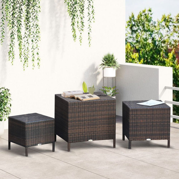 Outdoor Rattan Nesting Table Set - Three Piece Stacking Coffee Side Garden Tables