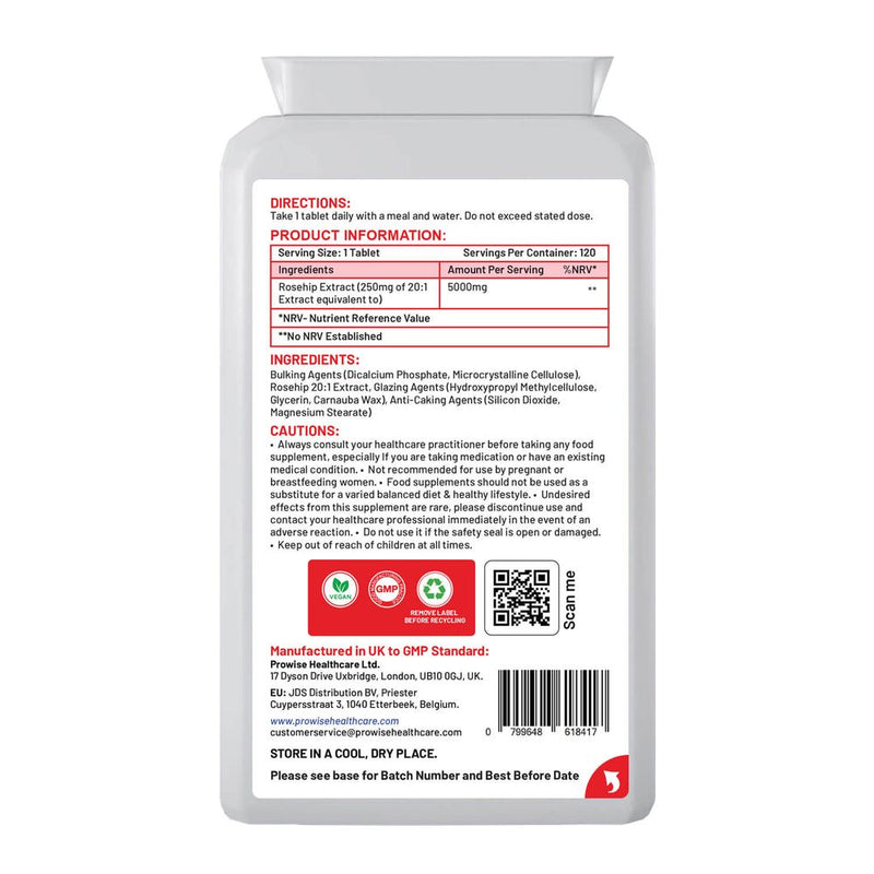 Rosehip Health Prowise - Support Joints, Digestion, and Kidney Function - High Potency 5000mg - Made in UK - Vegan