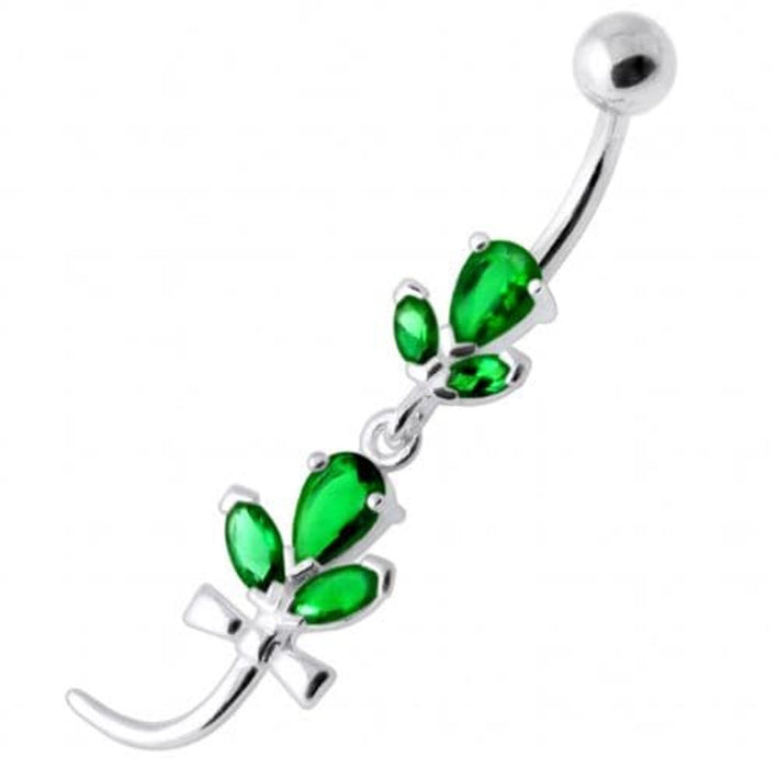 Tri Gems with tail Dangling Silver Belly Ring