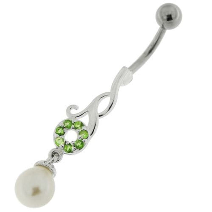 Jeweled Fancy Pearl Dangling Steel Banana Bar Navel Belly Ring