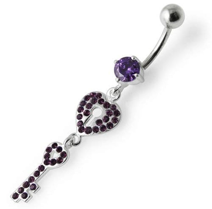 Fancy Jeweled Hear Key Dangling Navel Ring