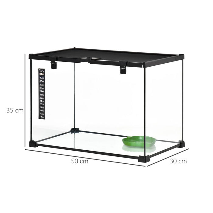 PawHut Glass Reptile Terrarium Insect Breeding Tank Vivarium Habitats with Thermometer for Lizards, Horned Frogs, Snakes, Spiders - Large 50 x 30 x 35cm