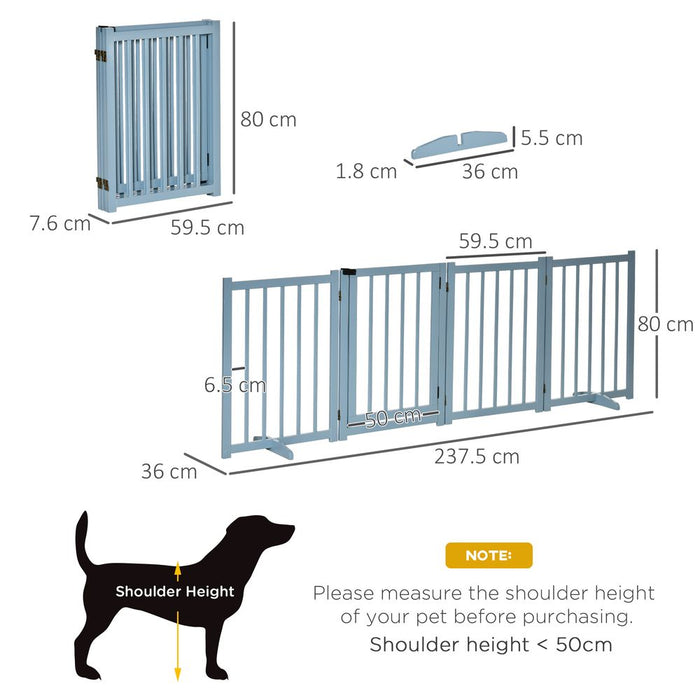 PawHut Freestanding Pet Gate for Small and Medium Dogs, Wooden Foldable Dog Safety Barrier with 4 Panels, 2 Support Feet, 80 cm Tall for Doorways, Stairs Blue-grey