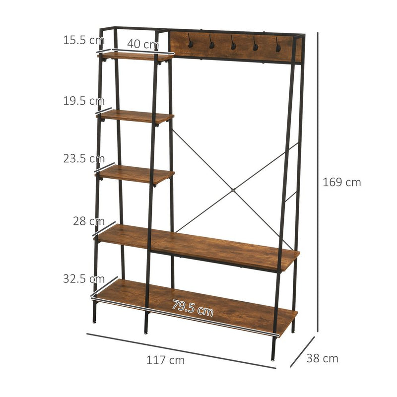 HOMCOM Coat Rack, Coat Stand with Shoe Storage, 5 Hooks for Hallway, Brown
