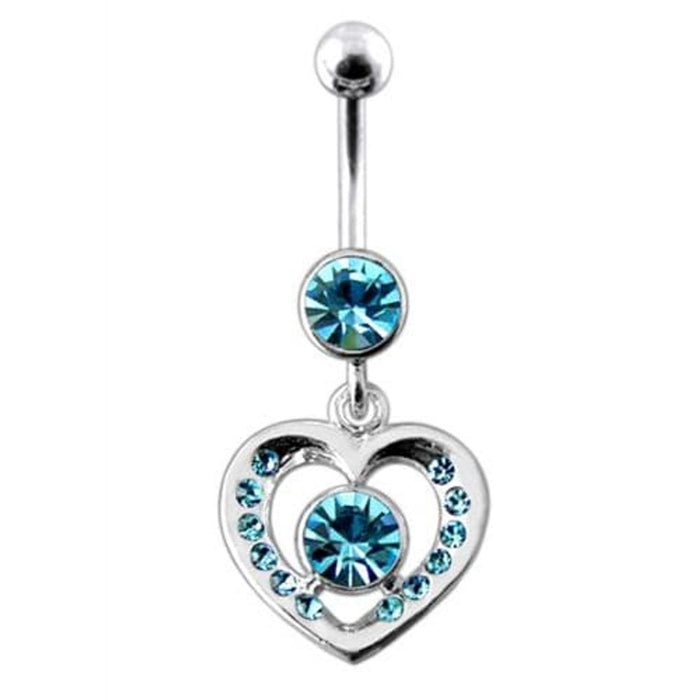 Fancy Jeweled Heart And Centered Stone Dangling Belly Ring Body Jewelry