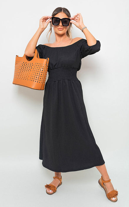 Off Shoulder Shirred Waist Mini Dress: Turn Heads with Effortless Style & Femininity. Perfect for Summer Days/Nights. Various Vibrant Colors. Made from High-Quality Fabric. Dress Up or Down for Endless Possibilities. Be Stylish, Comfortable & Chic.