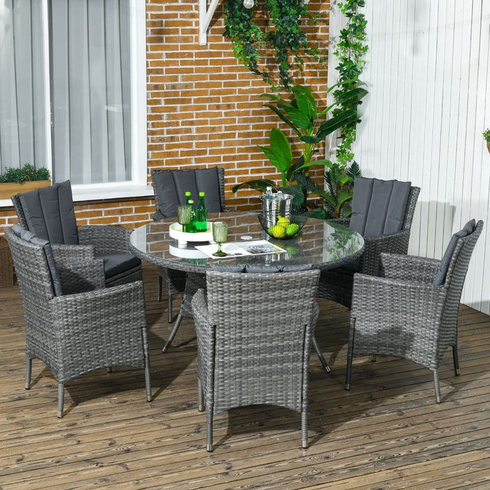 Outsunny 6-Seater Rattan Garden Furniture Set, Glass Tabletop - Mixed Grey