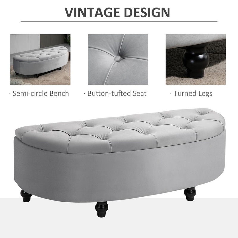 HOMCOM Semi-Circle Bed End Bench Ottoman with Storage Tufted Upholstered Accent Seat Footrest Stool with Rubberwood Legs for Bedroom & Entryway, Dark Grey