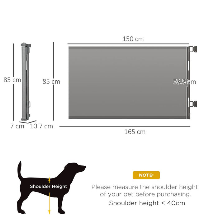 PawHut Retractable Stair Gate for Dogs, 150cm Extendable Dog Gate, Foldable Pet Safety Gate w/Single Hand Operation, for Doorway, Hallways, 85cm Tall - Grey