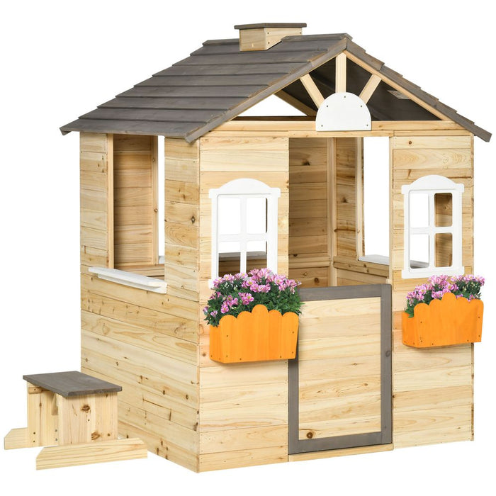 Spacious Wooden Kids Playhouse w/ Door, Windows, Bench - Ages 3-7