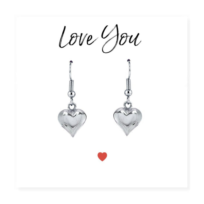 Heart Earrings & Love You Card - Sterling Silver Plated, 16mm Puff Heart, Black Gift Box