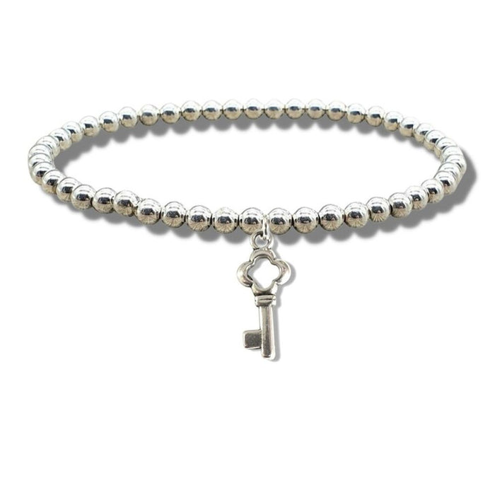 Premium Quality Key Charm Silver Beaded Bracelet- Perfect Gift for Women & Girls - Free Gift Box - Fast Shipping