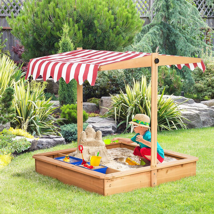 Outsunny Sand Pit Kids Wooden Sandbox with Cover Children Sandpit Play Station Height Adjustable with Canopy, Bottom Liner, Plastic Basins for Outdoor Aged 3-7 Years