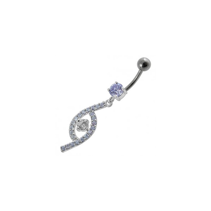 Jeweled Fancy Silver Dangling SS Bar Curved Navel Ring