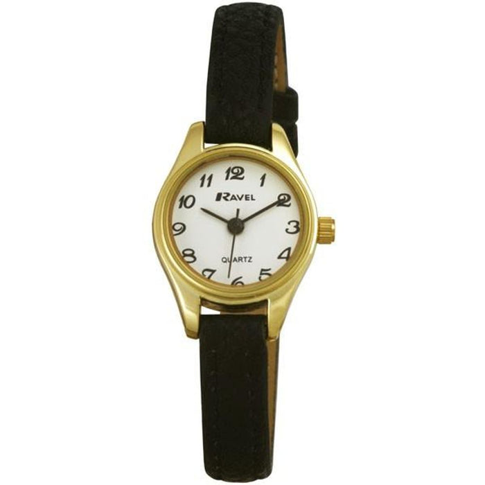 Premium Ravel Ladies Petite Gilt Case Black Strap Watch. Polished, Stylish & Reliable. Limited Stock!