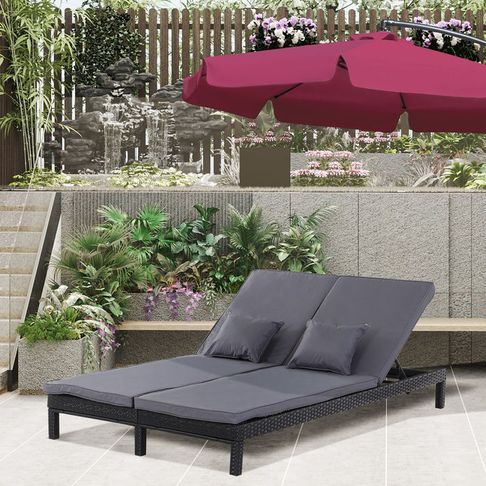 Premium 2-Seater Rattan Lounger - Adjustable Cushions - Black