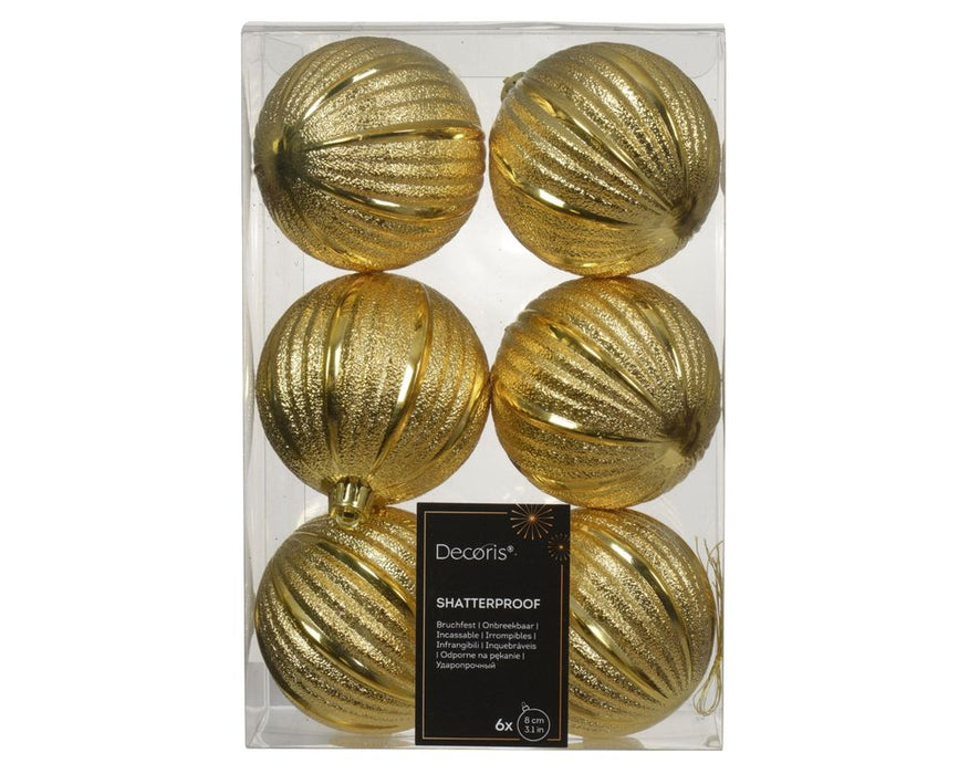 Shatterproof Ridge Bauble Light Gold  8cm Pack of 6 - Christmas