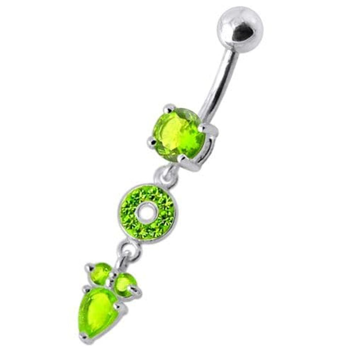 Fancy Multi Stone Jeweled "O" Pear" Dangling SS Bar Navel Body Jewelry Ring