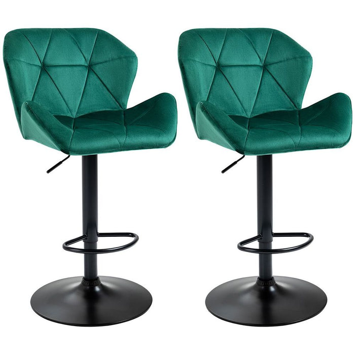 Set Of 2 Luxurious Velvet-Touch Bar Stools w/ Metal Frame Footrest Base Green