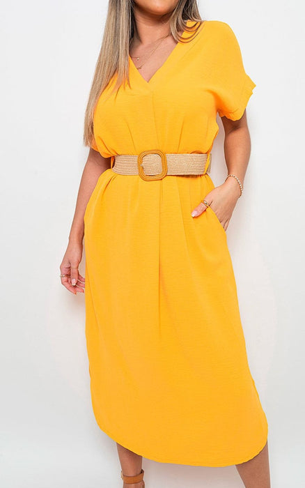 Timeless V-Neck Midi Dress: Half-Sleeve & Flattering Design